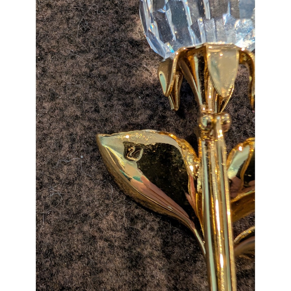 Swarovski Crystal Rose Brooch Gold Tone Stem Clear Faceted Flower Pin Swan Logo - Picture 5 of 5